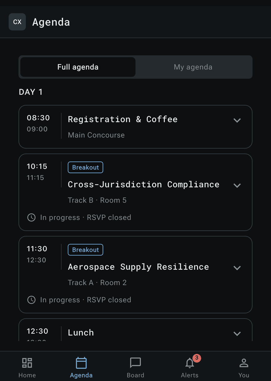 The Congress app agenda: Day 1 sessions with times, tracks, rooms and RSVP state