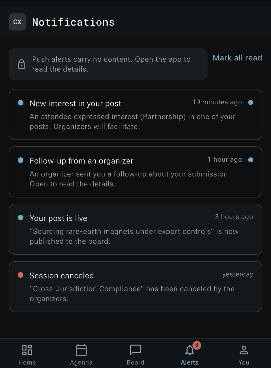 Alerts: new interest in a post, and a follow-up from an organiser