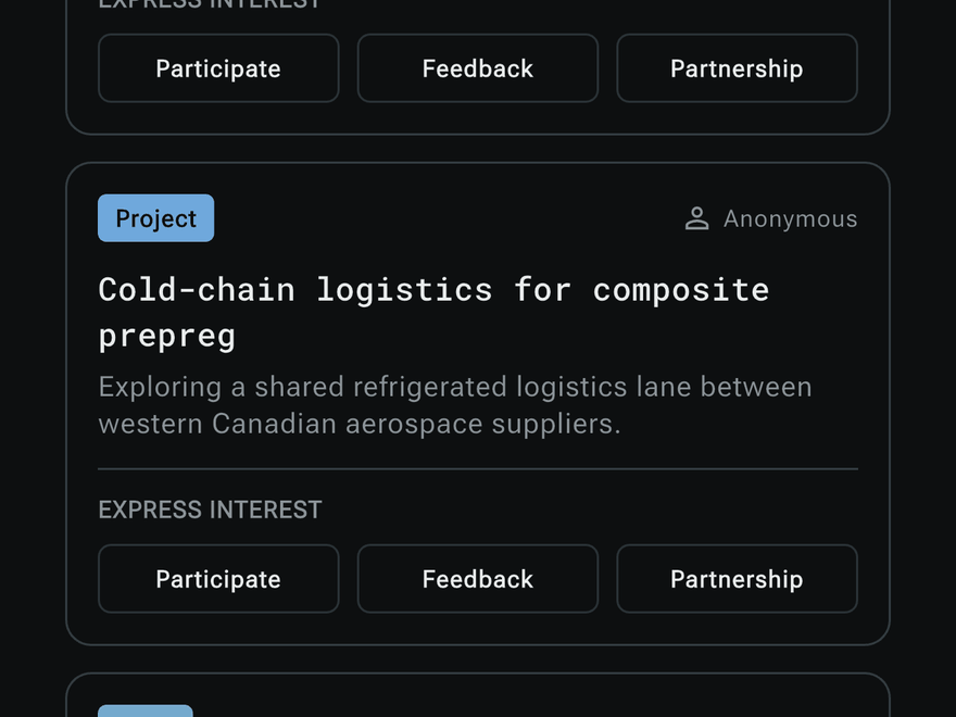 Express interest on a post, with three buttons: Participate, Feedback and Partnership, and the next post below it