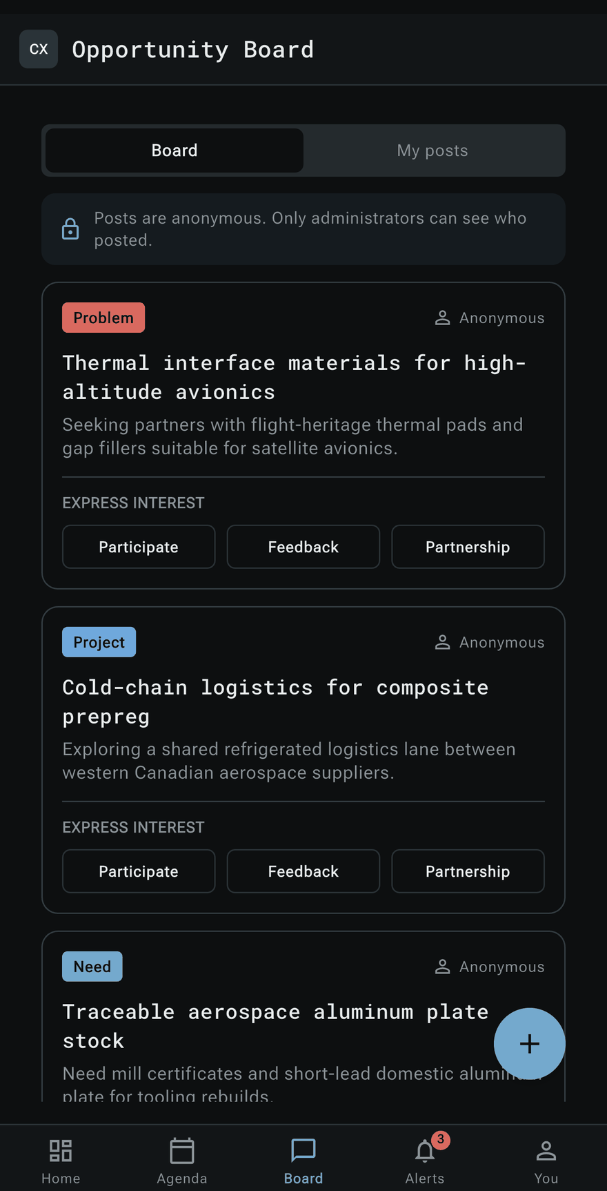 The Opportunity Board: anonymous posts tagged Problem, Project or Need, each with Participate, Feedback and Partnership buttons