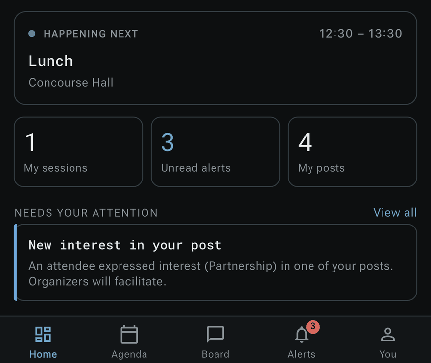 The Congress app home screen: the session happening next, counters for your sessions, unread alerts and your posts, and a card reporting new interest in one of your posts
