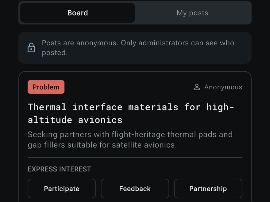 The Opportunity Board: a requirement posted anonymously, tagged Problem, with Participate, Feedback and Partnership buttons