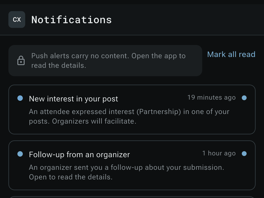 Alerts: new interest in your post, and a follow-up from an organiser