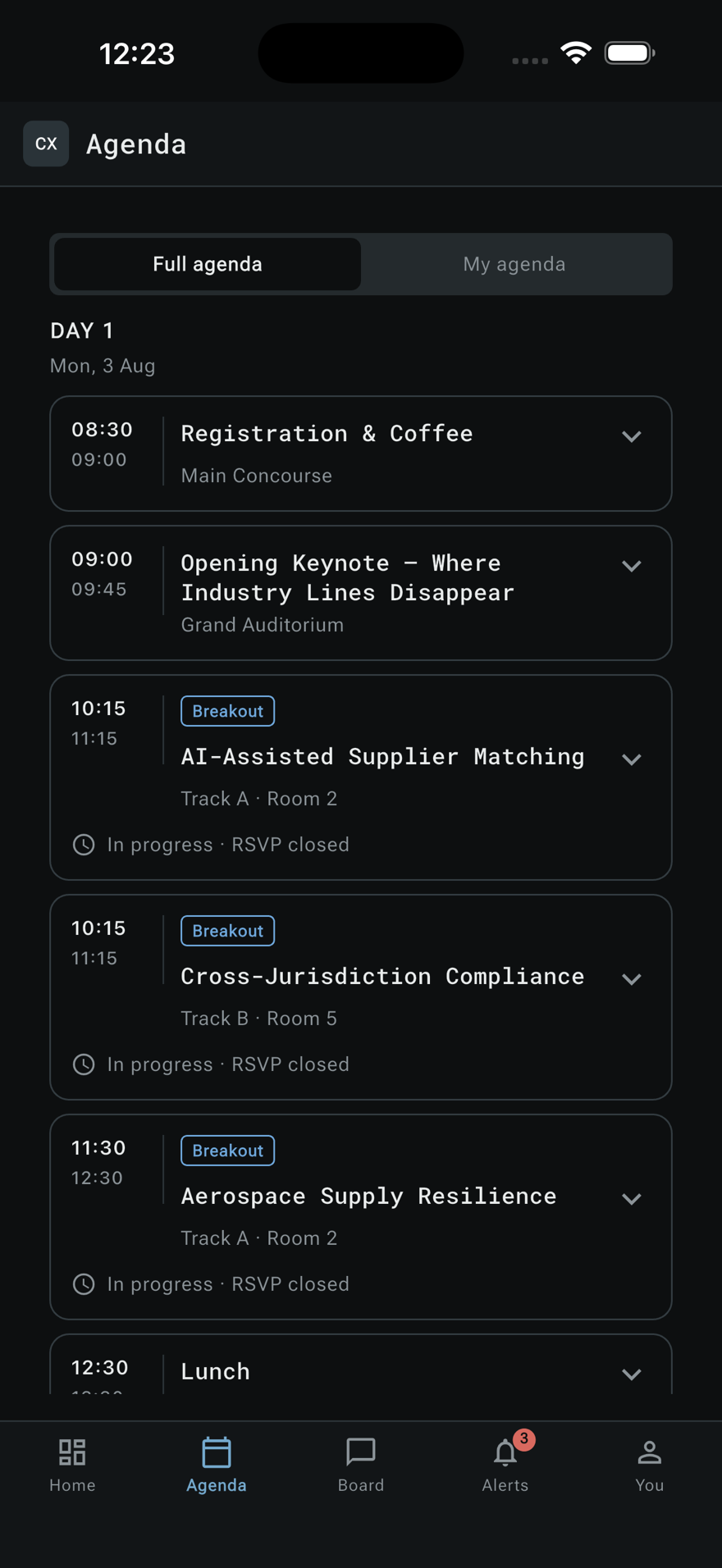 The Congress app agenda screen: Day 1 sessions with times, tracks, rooms and RSVP state